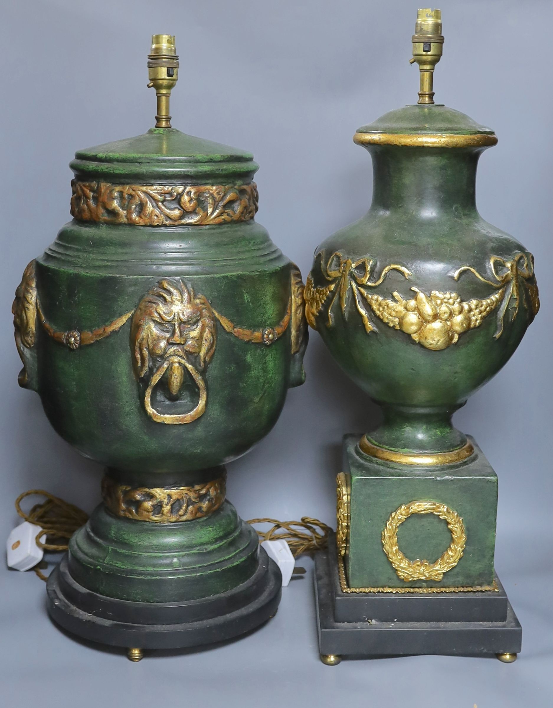 Two decorative gilt and green table lamps - tallest 65cm